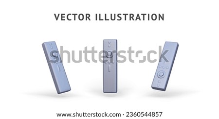 realistic 3D vector illustration image of remote control for TV, air conditioner, speakers and other devices on light white background from different sides with real shadow