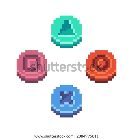 Set of cartoon minimalistic round gamepad buttons on a white background. Pixel art with shadows and highlights without stroke. A collection of game buttons with three-dimensional drawings of figures.