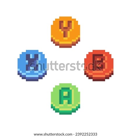 Gamepad pixel game buttons with letters Y, B, X and A. Pixel art isolated on white background without stroke. Yellow, blue, red and green buttons. Pixel art for the game interface.