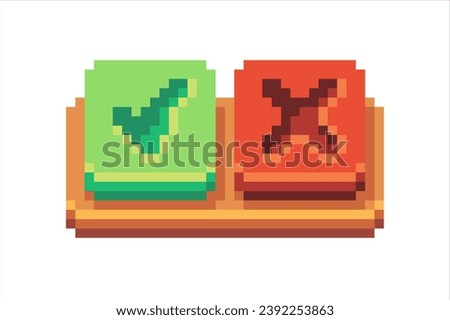 Square consent and refusal buttons in green and red on a wooden backing. Pixel art without stroke isolated on white background. Vector items for the game interface in the pixel world.