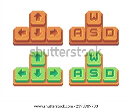 Set of pixel volumetric keyboard buttons. Green and wooden gaming arrows and AWSD keys. Collection of game interface character movement keys. Vector pixel art isolated on white background.