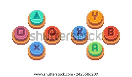 Colored three-dimensional buttons of a gaming gamepad with different symbols, a triangle, a square, a cross, a circle and letters. Vector pixel art isolated on white background.