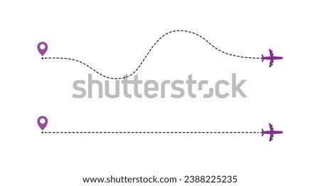 Dotted 2 airplane trajectories cartoon illustration set in Straight line and curved line