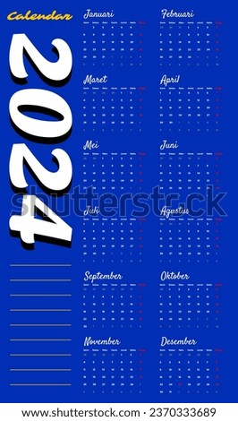 new year 2024 calendar, for corporate, modern and clean, sleek style, vector template format, weeks starts on monday, blue background, vertical style