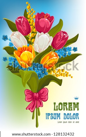 Bouquet of spring flowers. Tulips, forget-me and mimosas.