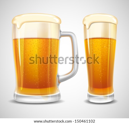 Beer in glass and mug. Realistic vector.