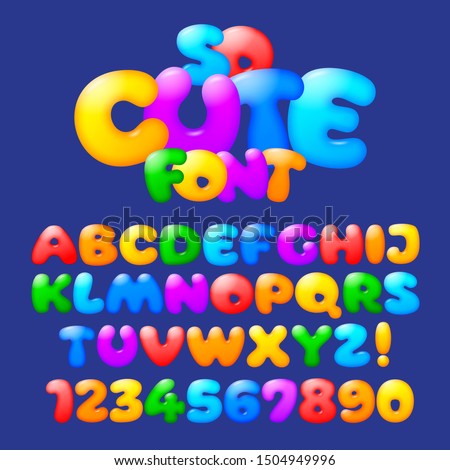 Cute plump alphabet. Vector set of multicolored and cheerful cartoon letters and numbers. Stock foto © 