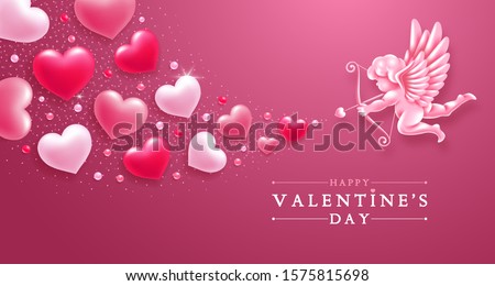 Valentines day romantic greeting card template. Realistic figure of cupid with bow and arrows, aiming in hearts of lovers. Vector illustration.