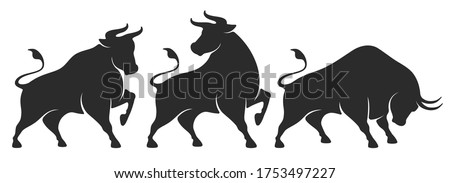Bull set. Stylized silhouettes of standing in different poses and butting up bulls. Isolated on white background. Bull logo designs set. Vector illustration. Photo stock © 