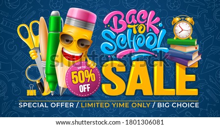 Back to school sale. Advertising banner design template with cheerful cartoon pencil, brush etc. Calligraphy lettering. Pattern with school subjects on blue background. Vector illustration.