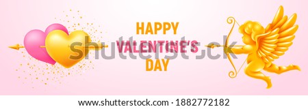 Valentines Day festive banner. Couple of golden and pink hearts pierced by arrow and figurine of shooting cupid. Sparkles and place for text on gentle light pink background. Vector illustration