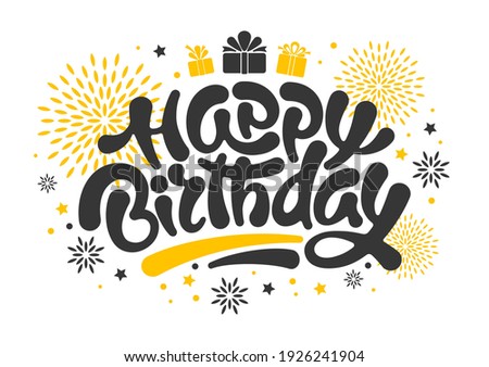 Happy Birthday festive design. Unusual calligraphic, hand drawn inscription Happy Birthday. Brush lettering complemented with decorative elements. Isolated on white background. Vector illustration.
