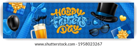 Happy Father's Day banner template with calligraphy lettering by brush, necktie, gift boxes, glasses and other man subjects. Blue background with rhombic pattern. Vector illustration.