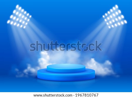 3D Scene with display podium. Template for products presentation, promotion or award ceremony. Realistic circular pedestal illuminated by spotlights on blue background with smoke. Vector illustration