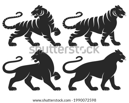 Set of stylized silhouettes of standing in different poses tigers. Isolated on white background. Tiger logo designs set. With stripes and without. Chinese zodiac symbol of new 2022 year. Vector.