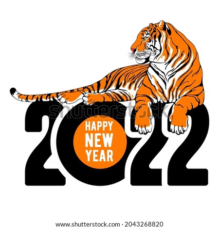 Happy New Year 2022 festive design with graphic tiger lying on year digits. Isolated on white background. Creative emblem of New 2022 Year for any celebration designs. Vector illustration.