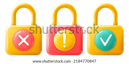 Set of padlocks with check mark, cross and exclamation sign. Conceptual icons of allowed or denied access, security, privacy e.t.c. Realistic but minimalistic style. Vector 3d illustration