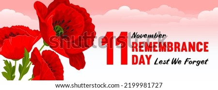 Remembrance Day banner. Lest We forget. Horizontal banner with cartoon red poppy flowers, international symbol of peace, and lettering on pink sky background with clouds. Vector Illustration Foto stock © 