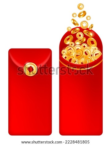 Red envelopes, open and closed, filled with traditional gold coins, suitable for Chinese New Year or other holiday designs. Isolated on white background. Vector 3d illustration