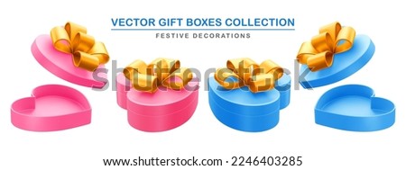 Blue And Pink Heart Shape Gift Boxes with Gold Ribbon. Open And Closed Gifts Set. 3d Realistic Vector illustration EPS10