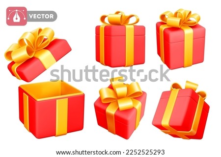 Set of 3d red gift boxes with cute bow. Open and closed. Holiday design element for birthday, wedding, advertising banner of sale and other life events. Vector realistic illustration EPS10