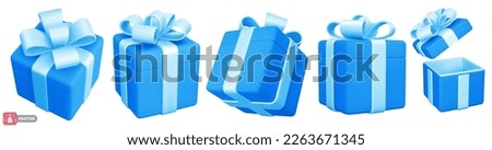 Set of 3d blue gift boxes with cute bow. Open and closed. Holiday design element for birthday, wedding, advertising banner of sale and other life events. Vector realistic illustration