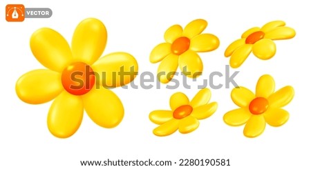 Set of daisy with yellow petals and orange centre. Volumetric chamomile flowers, view from different angles. Isolated on white background. Vector 3d realistic illustration