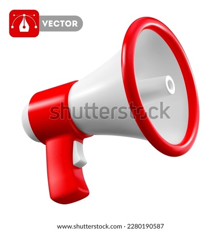 Red and white coloured megaphone, isolated on white background. Vector 3d realistic illustration
