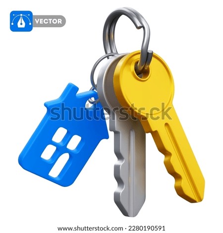 Keys with key chain in the form of house. Concept on real estate theme, buying, selling, protection, security, property insurance. Isolated on white background. Vector 3d realistic illustration
