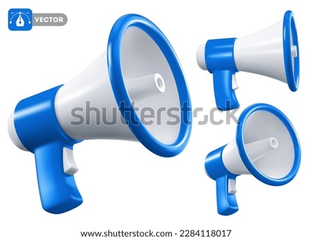 Blue and white colored megaphone speaker, view from different angles, isolated on white background. Vector 3d realistic illustration