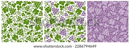 Vine seamless patterns with ripe grape and leaves. Monochrome and color patterns on various backgrounds in the set. Vector illustration