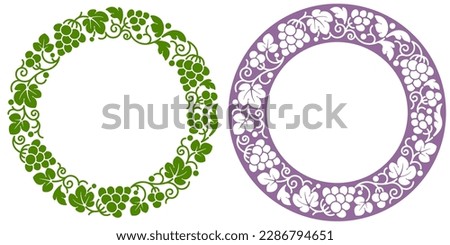 Set of circle frame with patterns of vine, ripe grape and leaves. Seamless pattern, isolated and ornament on colored background. Vector illustration