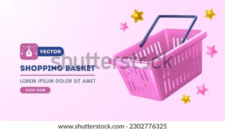 Advertising banner template with empty shopping basket. Realistic 3d pink shopping product cart on pink background. Place for text. Vector illustration