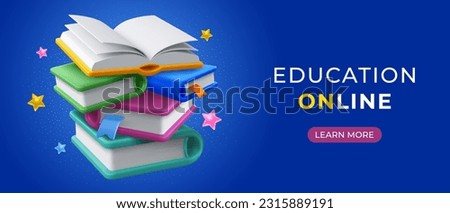 Online education concept. Banner template with stack of closed paper books with a bookmarks and color covers on dark blue background. Open book on the top. 3d realistic vector illustration