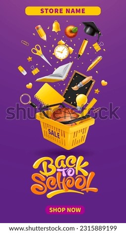 Back to school sale. Advertising banner template with 3d realistic yellow shopping basket and stationery, falling into the cart. Purple background with calligraphy lettering. Vector illustration