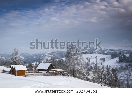 Small village in the snowy mountains in winter night