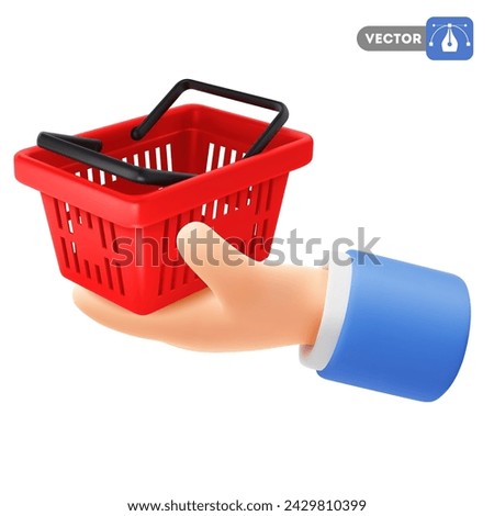 Cute cartoon hand holding or giving red empty shopping basket. 3d realistic conceptual icon for sale advertising, offers or discounts. Invitation to shopping. Vector illustration