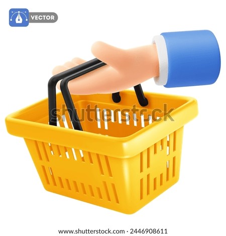 Cute cartoon hand holding or giving yellow empty shopping basket. 3d realistic conceptual icon for sale advertising, offers or discounts. Invitation to shopping. Vector illustration
