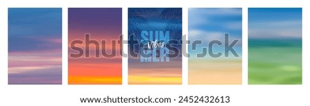 Set of summer soft blurred backgrounds for poster, banner, etc in minimal trendy style. Tranquil sea landscape, horizon with sunny day, clouds, sunrise, sunset on the beach. Vector illustration