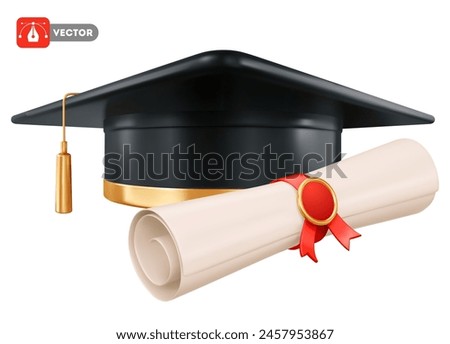 Square academic cap, black graduation hat or mortarboard with golden tassel, for graduates of college, school, university, and rolled diploma with red ribbon. 3d realistic isolated vector illustration