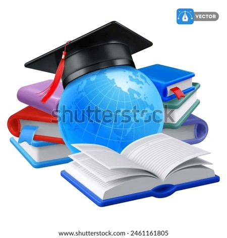 3d realistic black academic graduation cap or toga hat on the globe, books stack and open book, isolated. Education online concept, design for congratulation graduation ceremony. Vector illustration