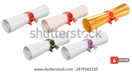 Diploma about graduation of university, college, school, education certificate, graduation degree, scroll tied with ribbon with medal, perspective view. Set of 3d realistic Vector illustration