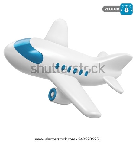 Flying plane icon. Cute, cartoon 3d realistic white airplane with blue portholes, perspective view. Vector illustration