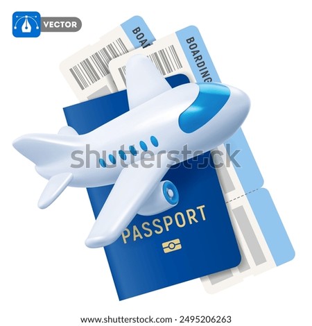 Passport with air tickets, cute 3d realistic plane flies around. Concept of travel, vacation or business trip. Vector illustration