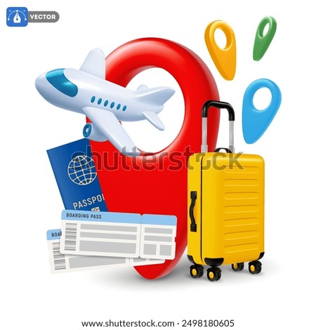 Time to travel conceptual banner template with 3d realistic white plane, flies out of large red location pin, yellow travel suitcase, passport and air tickets. Vector illustration