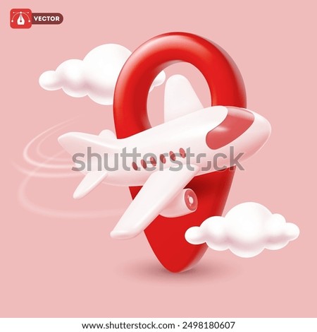 Time to travel conceptual banner template with 3d realistic white plane, flying around large red location pin on pink background with clouds. Cartoon minimal style. Vector illustration