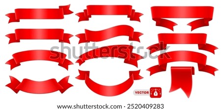 3d realistic red ribbons set. Ribbons collection isolated on white background. Design element, decorative sticker. Cute folded ribbon for sale banner, advertisement, celebrations. Vector illustration