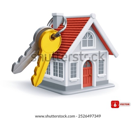 Cute small country house with red tile roof, grey walls and with a keys hanging on the chimney. Real estate concept. 3D realistic vector illustration, isolated on white background