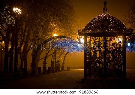 Urban park at night, romance, fog, lamps and light