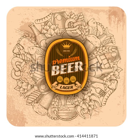 Beer coaster design in outline hand drawn doodle style with different beer and snack objects. Paste your company logo in center. All elements are separated and editable. Vector Illustration. 